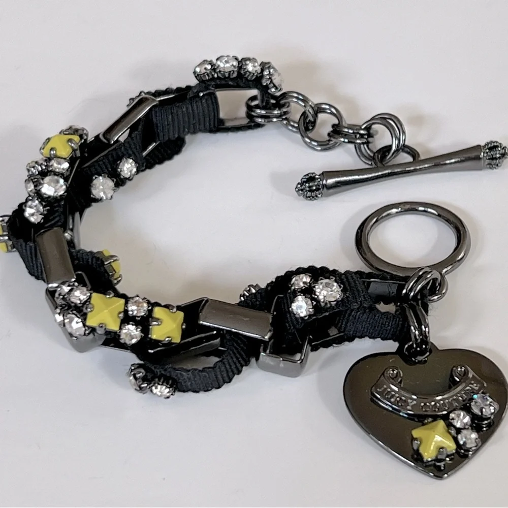 NWOT Juicy Couture Hematite Toggle Bracelet w/ Ribbon, Crystals, & Neon Studs